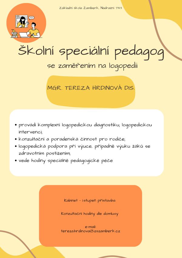 Plakát s informacemi o práci speciálního školního pegagoga se zaměřením na logopedii