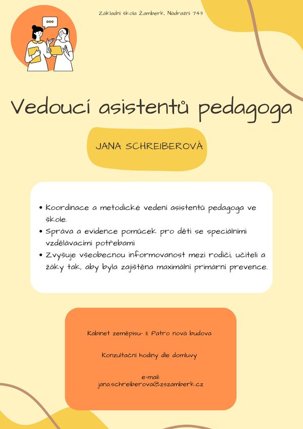 Plakát s informacemi o práci vedoucího asistentů pedagoga