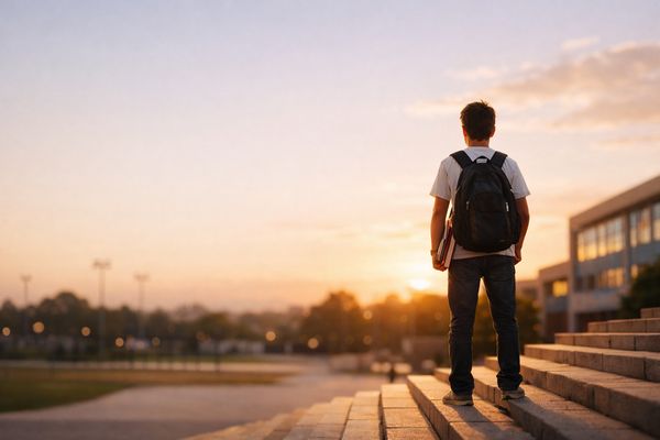 Žák stojící na schodech školy s aktovkou a učebnicemi