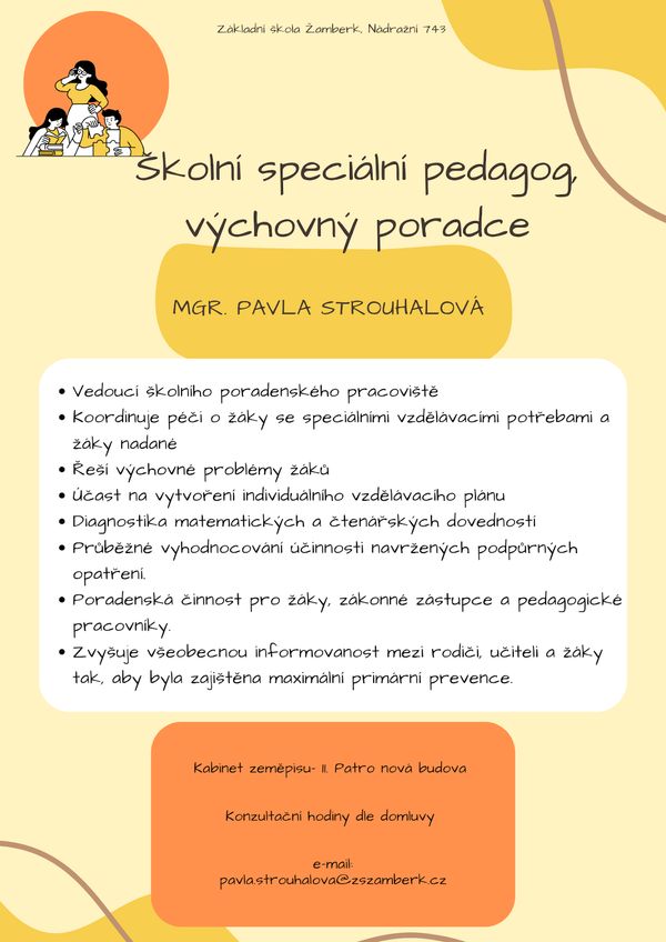 Plakát s informacemi o práci speciálního školního pegagoga